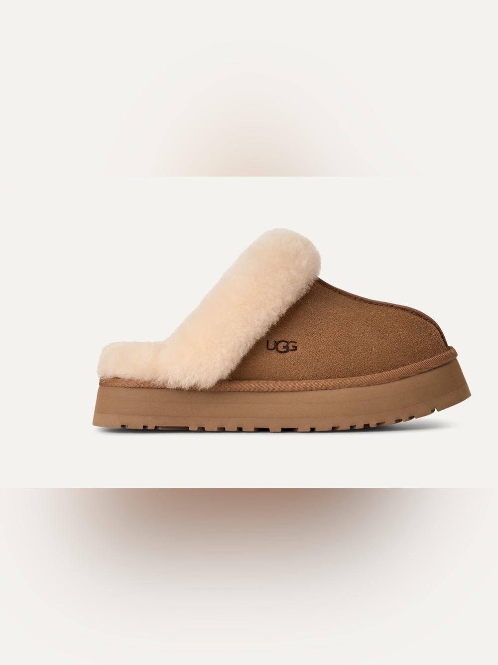 UGG Disquette Platform Chestnut Suede Sheepskin Collar Slipper Size 8 - Picture 2 of 13